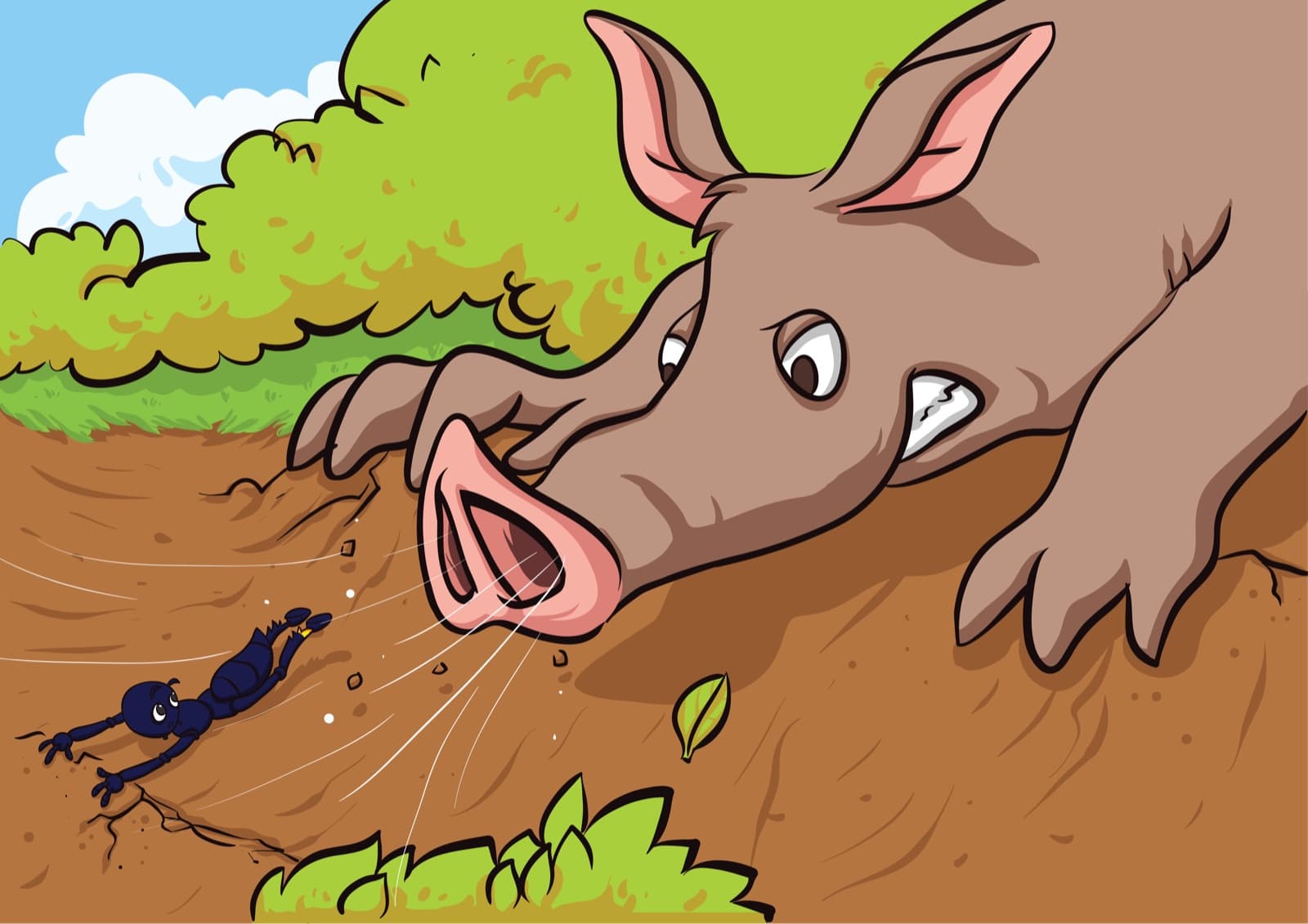An enormous aardvark lunges its long snout at Stu, who scrambles away.