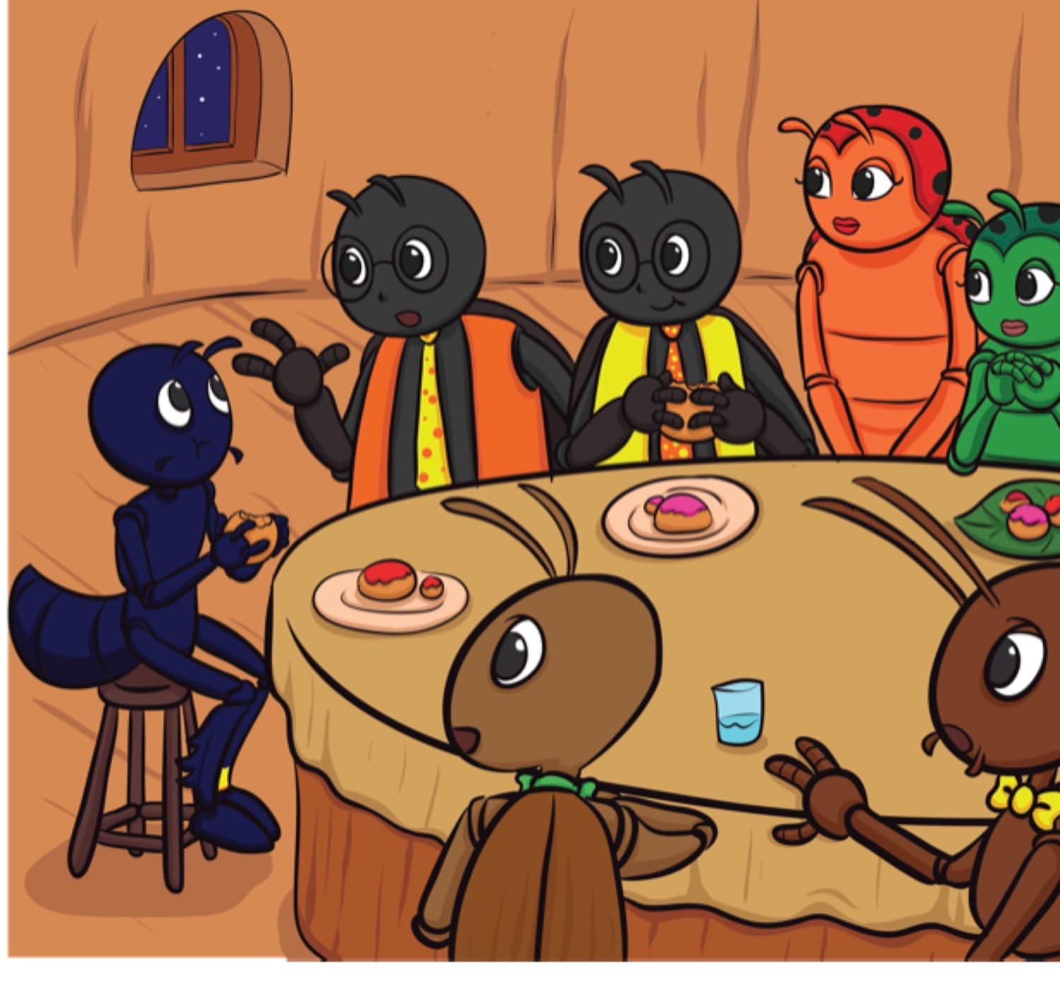 Stu sits at a long table sharing food with a beetle, a ladybug, a grasshopper and two ants.