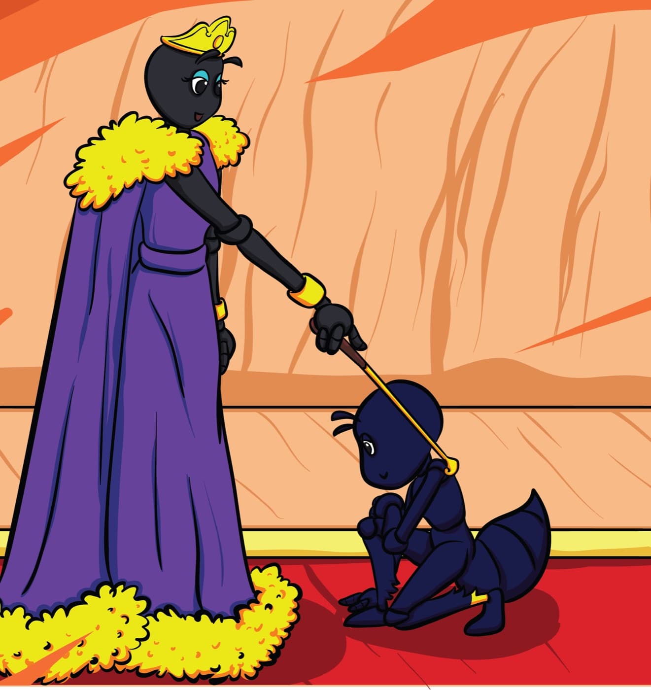 The Queen Ant in a purple robe and gold crown touches a kneeling Stu with a golden staff.