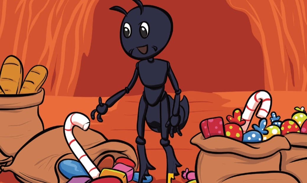 Stu standing among open sacks of bread and sweets inside the anthill.